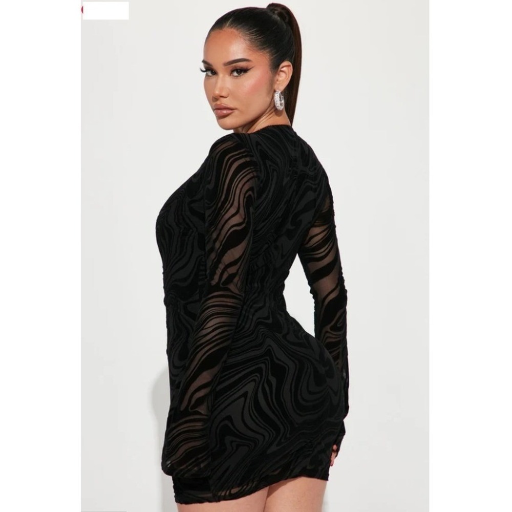 Black Burnout Velvet Swirl Mesh Mini Dress Lace Up V-Neck L Club Edgy Chic Vamp - Picture 4 of 9